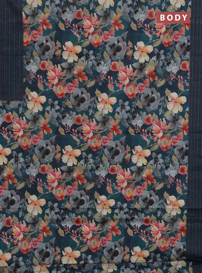 Semi tussar saree peacock green with floral prints and kantha stitch work border