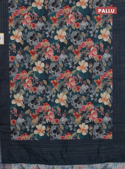 Semi tussar saree peacock green with floral prints and kantha stitch work border