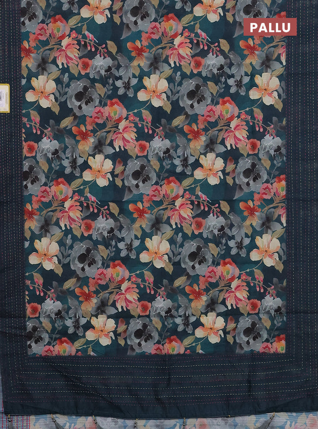 Semi tussar saree peacock green with floral prints and kantha stitch work border