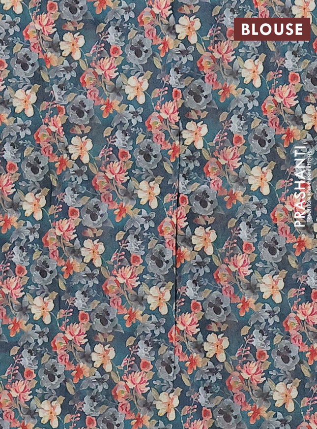 Semi tussar saree peacock green with floral prints and kantha stitch work border