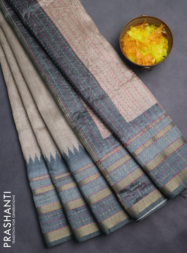 Semi tussar saree beige and greyish green with plain body and kantha stitch work border