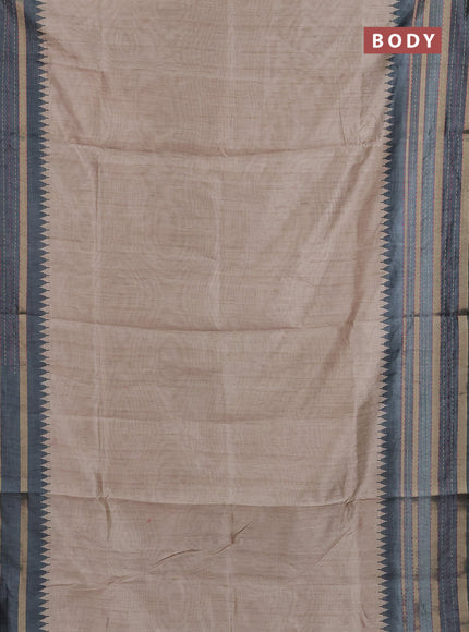 Semi tussar saree beige and greyish green with plain body and kantha stitch work border