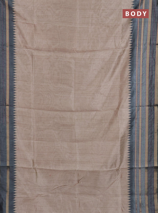 Semi tussar saree beige and greyish green with plain body and kantha stitch work border