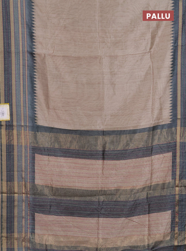 Semi tussar saree beige and greyish green with plain body and kantha stitch work border