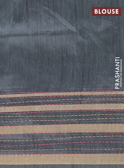 Semi tussar saree beige and greyish green with plain body and kantha stitch work border