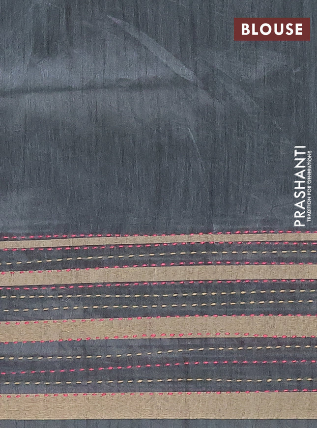Semi tussar saree beige and greyish green with plain body and kantha stitch work border