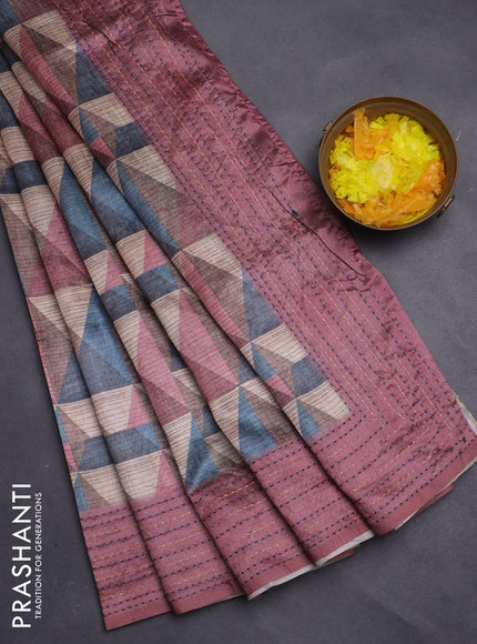 Semi tussar saree multi colour and pastel pink with allover geometric prints and kantha stitch work border