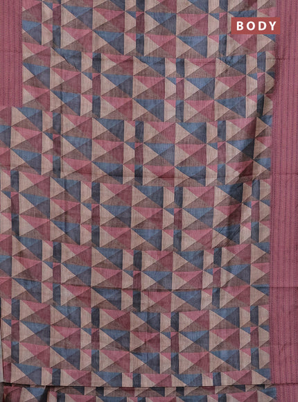 Semi tussar saree multi colour and pastel pink with allover geometric prints and kantha stitch work border