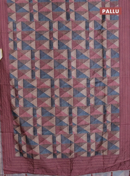 Semi tussar saree multi colour and pastel pink with allover geometric prints and kantha stitch work border