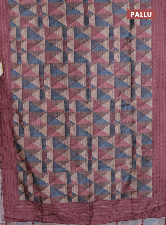 Semi tussar saree multi colour and pastel pink with allover geometric prints and kantha stitch work border