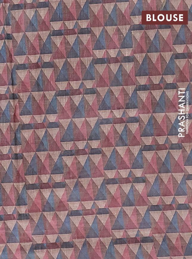 Semi tussar saree multi colour and pastel pink with allover geometric prints and kantha stitch work border