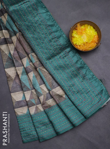 Semi tussar saree multi colour and peacock green with allover geometric prints and kantha stitch work border
