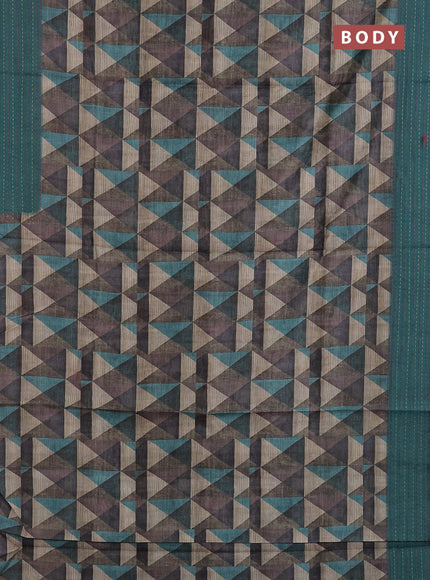 Semi tussar saree multi colour and peacock green with allover geometric prints and kantha stitch work border