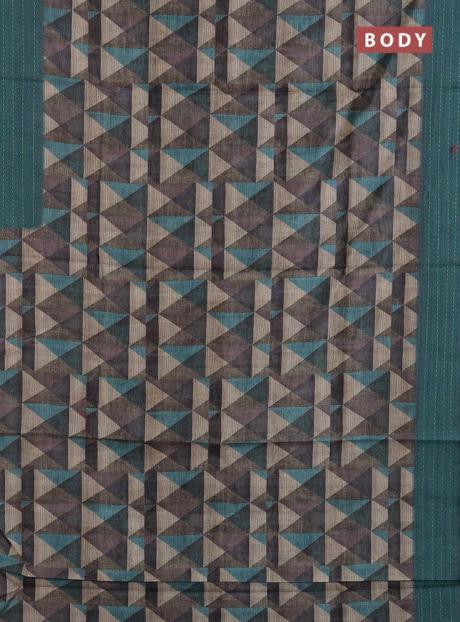 Semi tussar saree multi colour and peacock green with allover geometric prints and kantha stitch work border