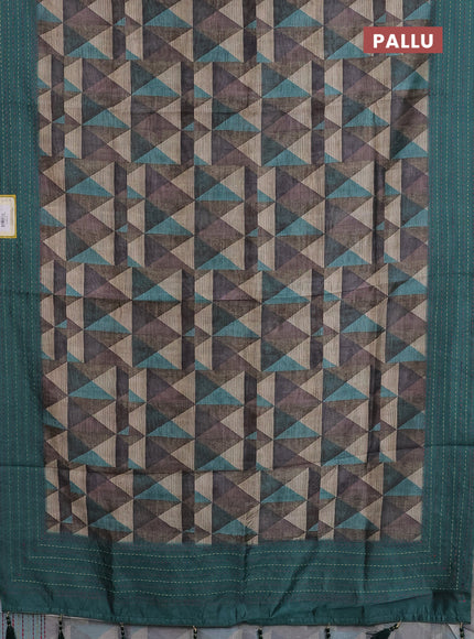 Semi tussar saree multi colour and peacock green with allover geometric prints and kantha stitch work border