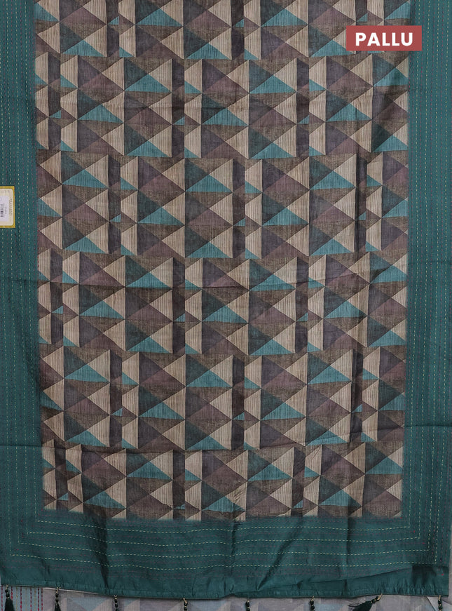 Semi tussar saree multi colour and peacock green with allover geometric prints and kantha stitch work border