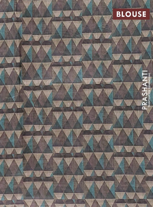 Semi tussar saree multi colour and peacock green with allover geometric prints and kantha stitch work border