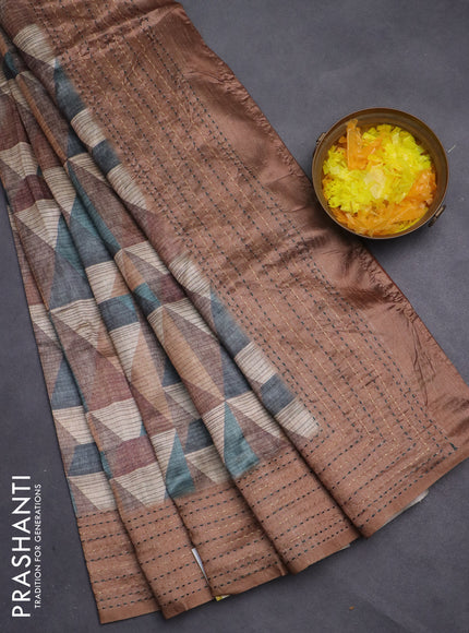 Semi tussar saree multi colour and dark sandal with allover geometric prints and kantha stitch work border