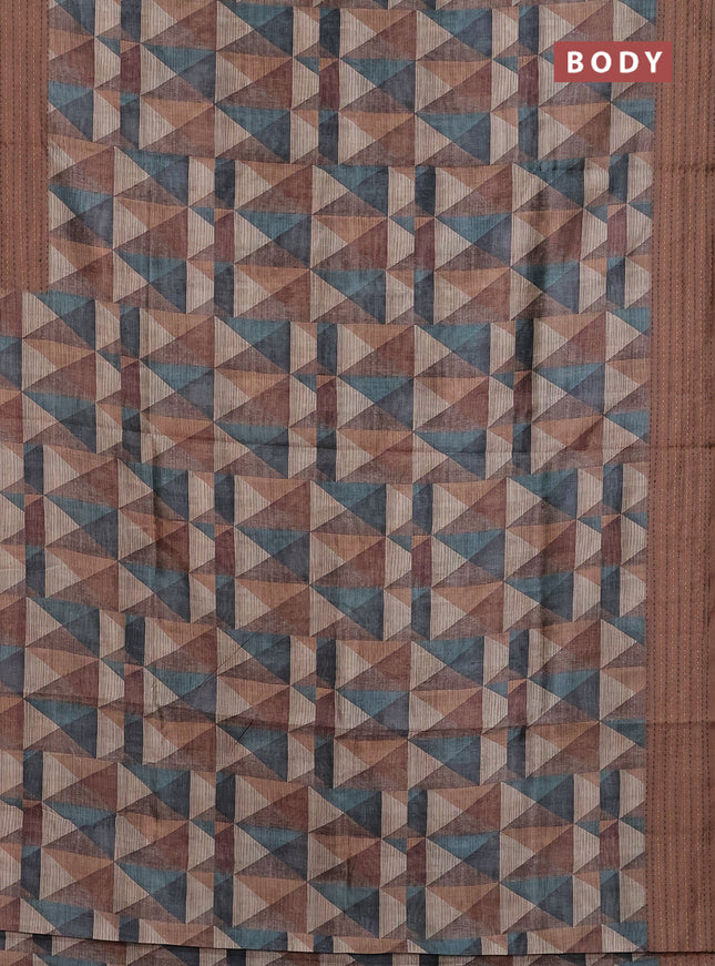 Semi tussar saree multi colour and dark sandal with allover geometric prints and kantha stitch work border