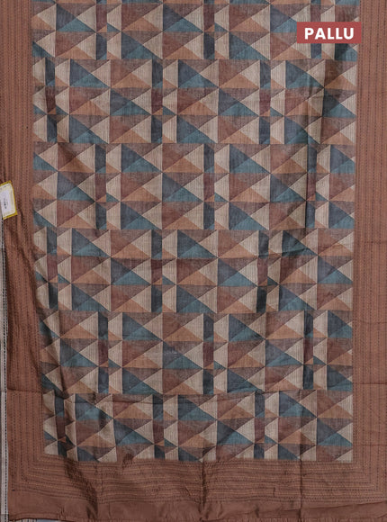 Semi tussar saree multi colour and dark sandal with allover geometric prints and kantha stitch work border