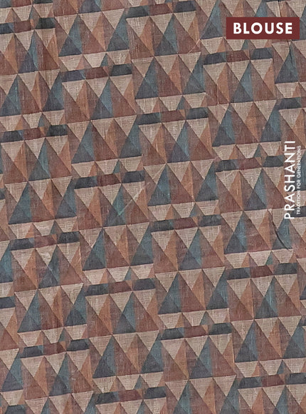 Semi tussar saree multi colour and dark sandal with allover geometric prints and kantha stitch work border