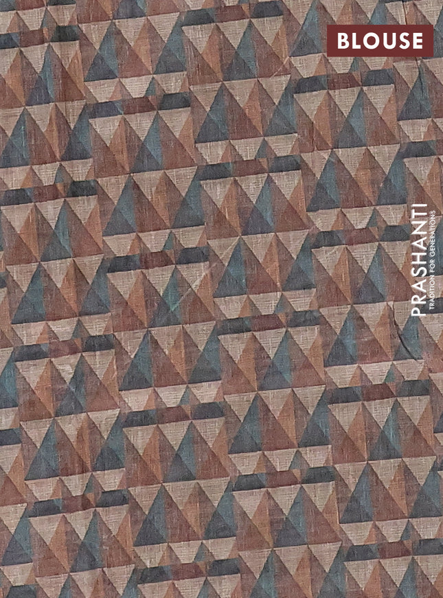 Semi tussar saree multi colour and dark sandal with allover geometric prints and kantha stitch work border