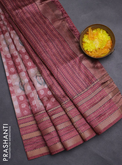 Semi tussar saree pastel maroon with allover dabu prints and kantha stitch work border