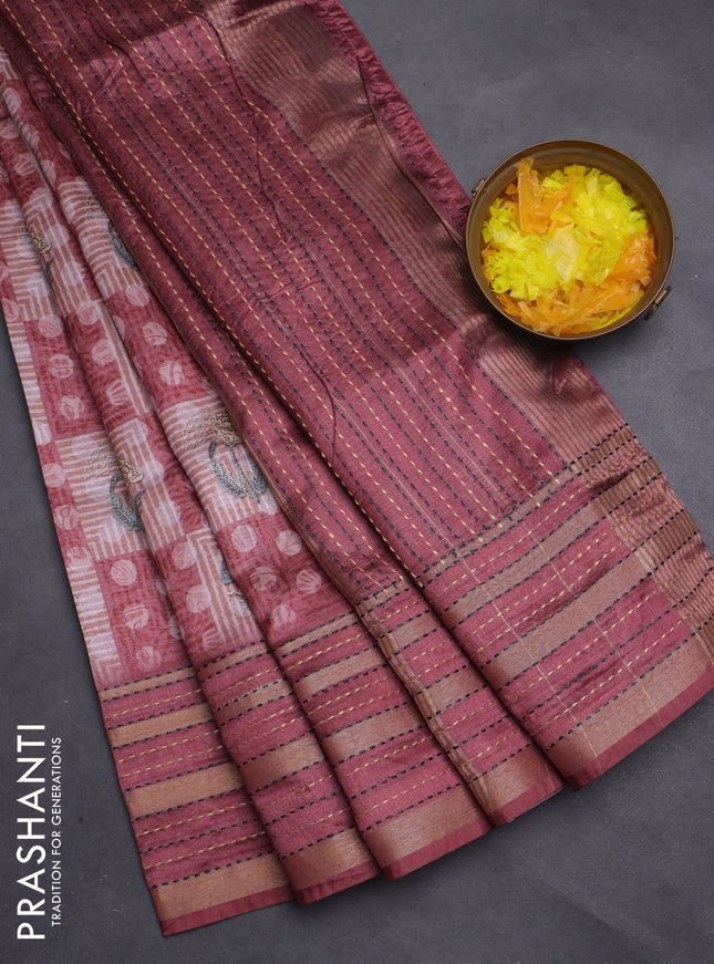 Semi tussar saree pastel maroon with allover dabu prints and kantha stitch work border