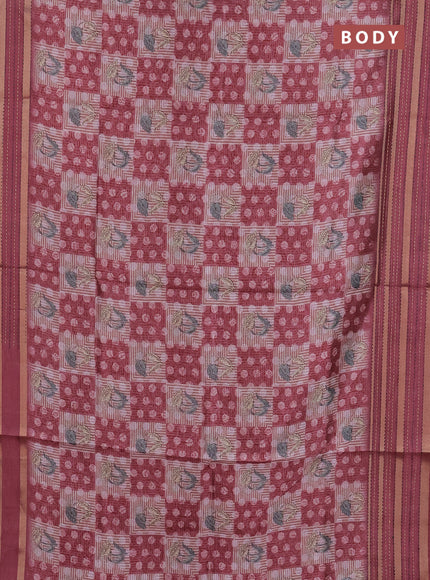 Semi tussar saree pastel maroon with allover dabu prints and kantha stitch work border