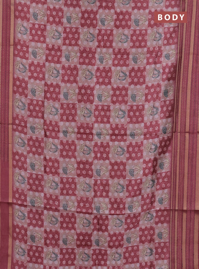 Semi tussar saree pastel maroon with allover dabu prints and kantha stitch work border