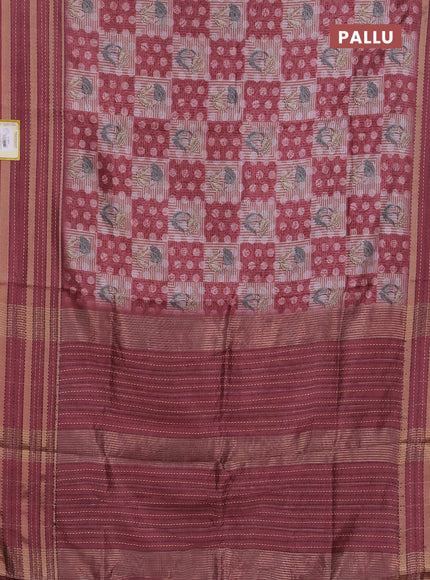 Semi tussar saree pastel maroon with allover dabu prints and kantha stitch work border