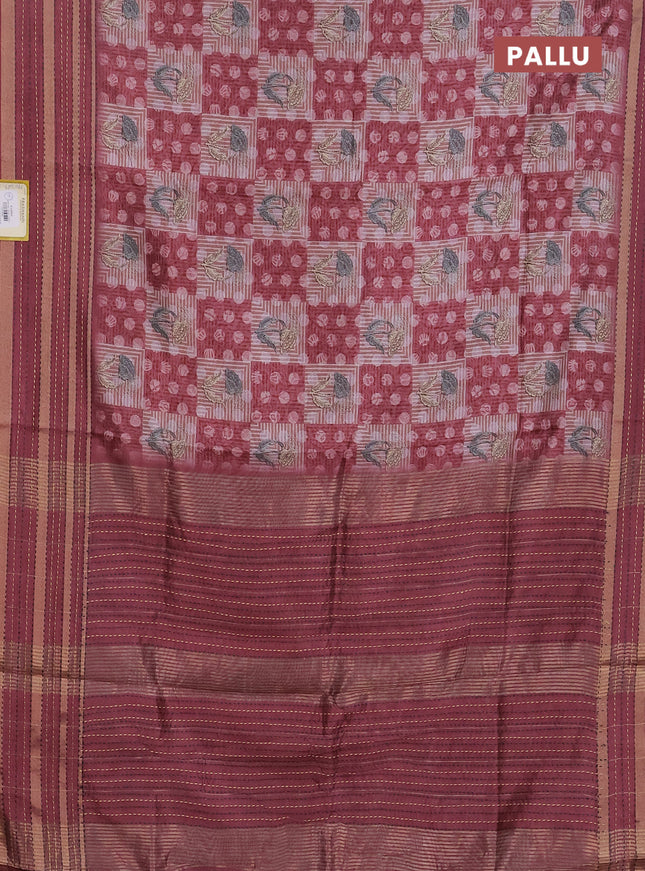 Semi tussar saree pastel maroon with allover dabu prints and kantha stitch work border