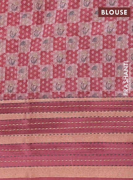 Semi tussar saree pastel maroon with allover dabu prints and kantha stitch work border