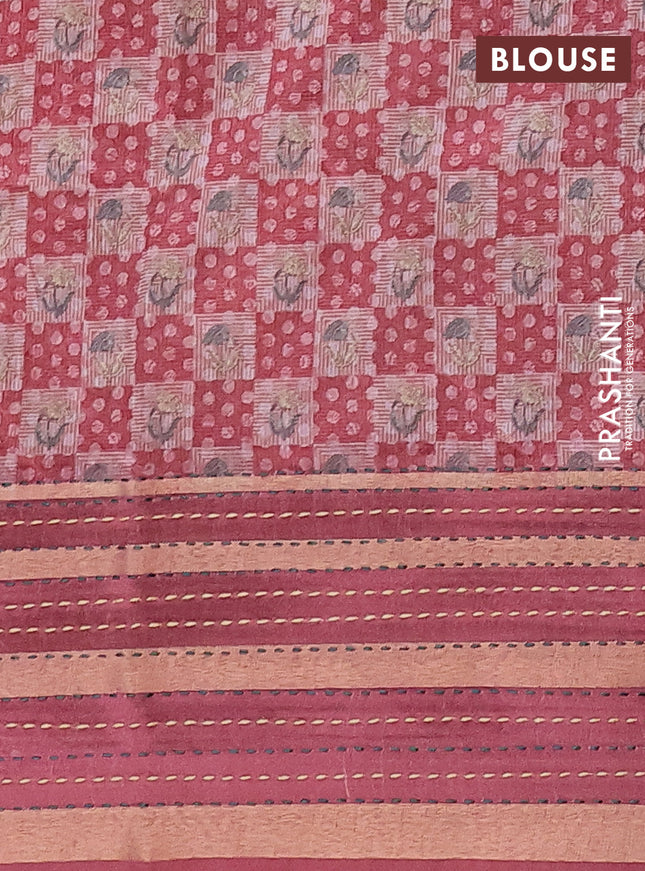 Semi tussar saree pastel maroon with allover dabu prints and kantha stitch work border