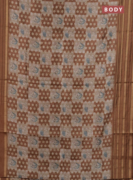 Semi tussar saree sandal and brown with allover dabu prints and kantha stitch work border