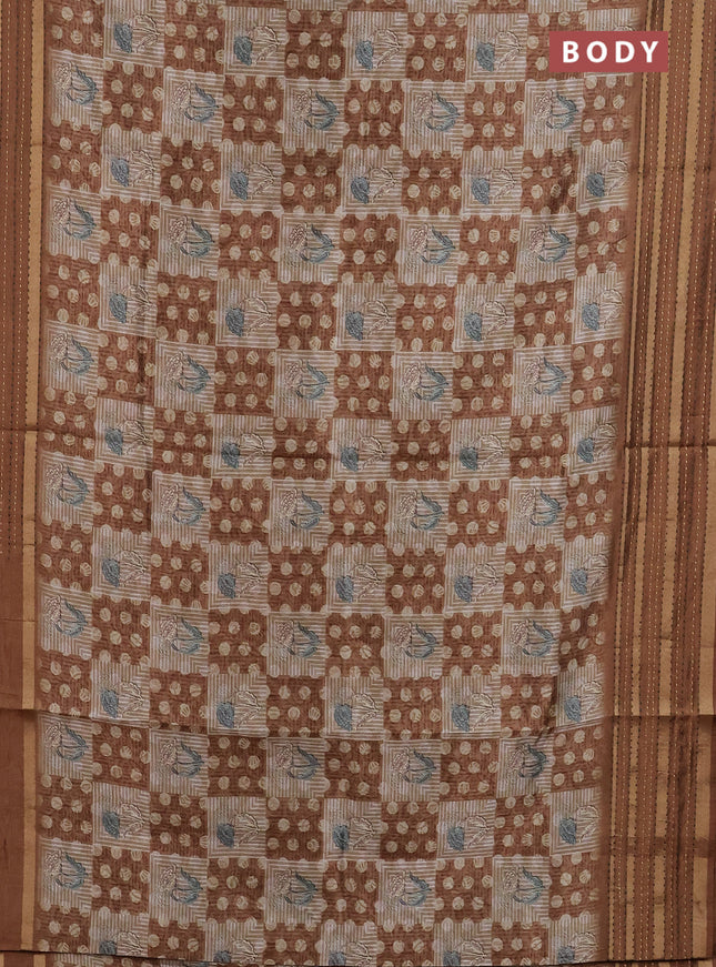 Semi tussar saree sandal and brown with allover dabu prints and kantha stitch work border