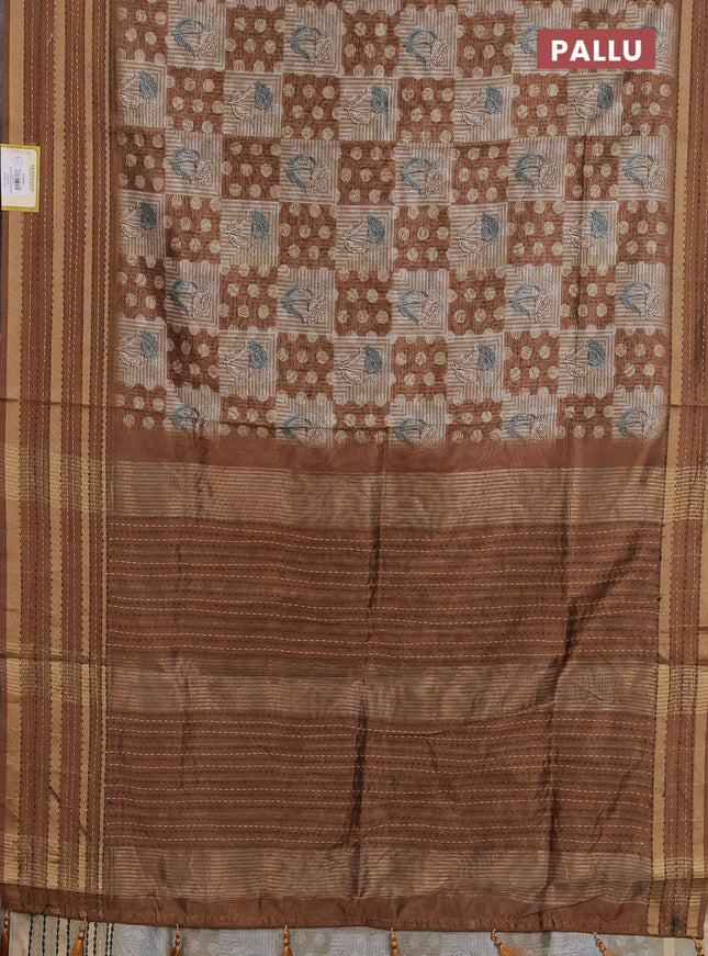 Semi tussar saree sandal and brown with allover dabu prints and kantha stitch work border