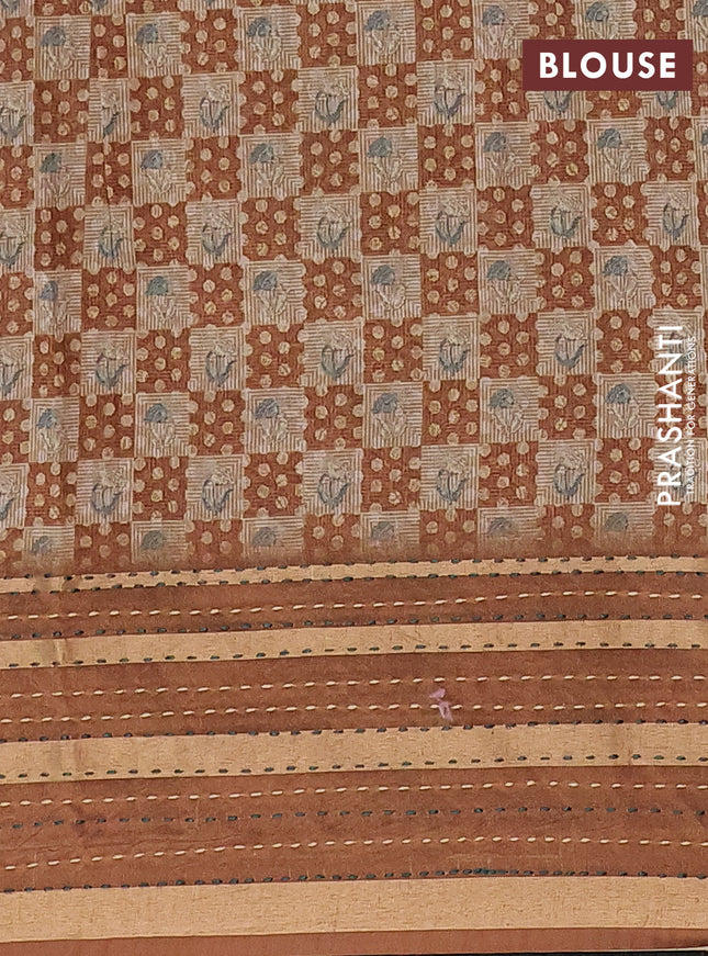 Semi tussar saree sandal and brown with allover dabu prints and kantha stitch work border