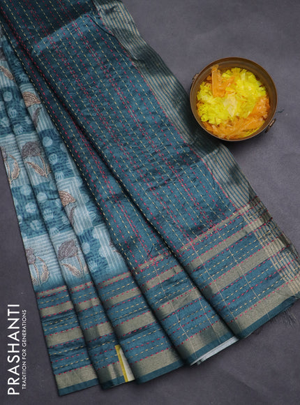Semi tussar saree pastel blue and peacock green with allover dabu prints and kantha stitch work border