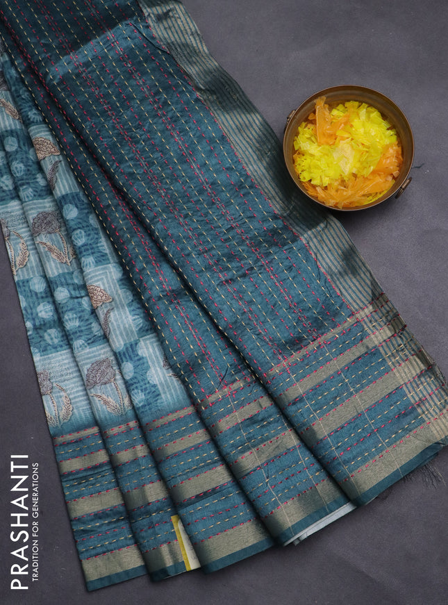Semi tussar saree pastel blue and peacock green with allover dabu prints and kantha stitch work border