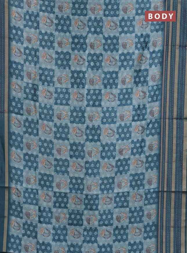 Semi tussar saree pastel blue and peacock green with allover dabu prints and kantha stitch work border