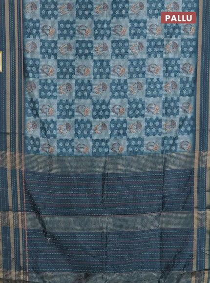 Semi tussar saree pastel blue and peacock green with allover dabu prints and kantha stitch work border