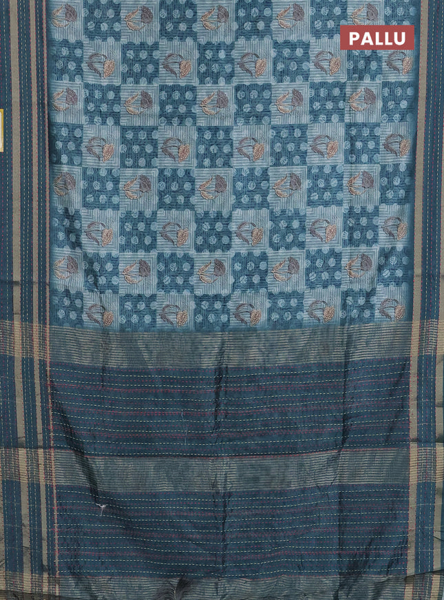 Semi tussar saree pastel blue and peacock green with allover dabu prints and kantha stitch work border