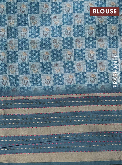 Semi tussar saree pastel blue and peacock green with allover dabu prints and kantha stitch work border