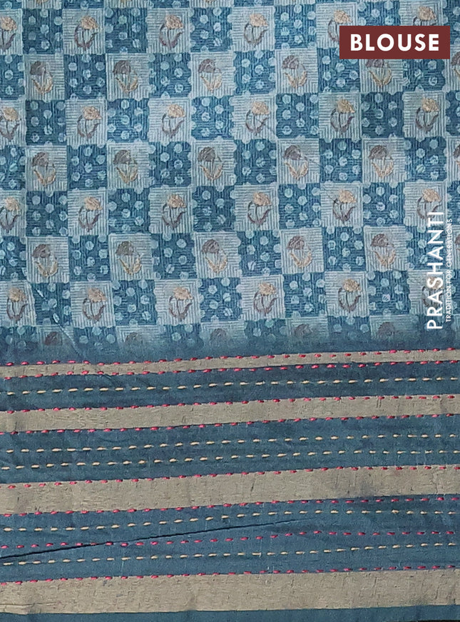 Semi tussar saree pastel blue and peacock green with allover dabu prints and kantha stitch work border