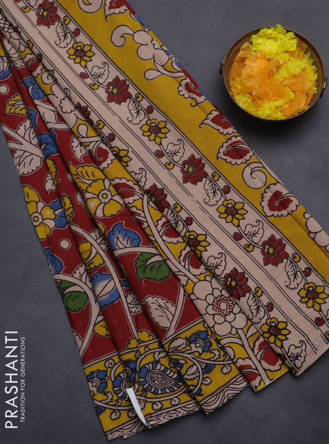Kalamkari cotton saree maroon and yellow with allover prints and printed border