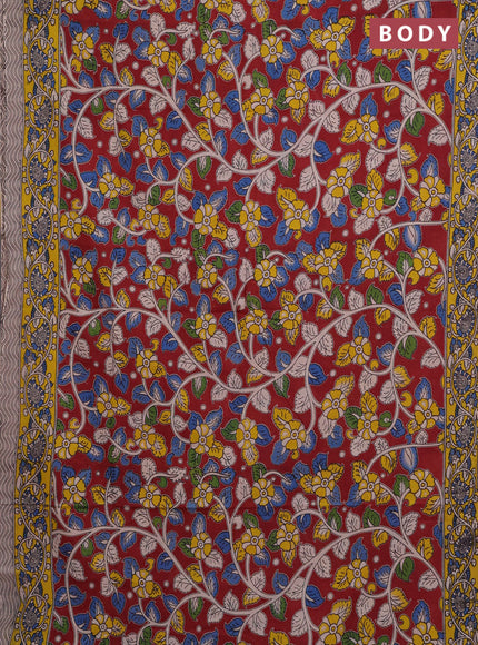 Kalamkari cotton saree maroon and yellow with allover prints and printed border