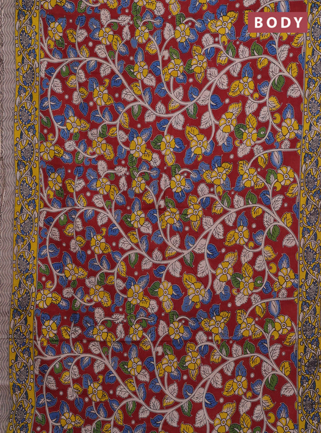Kalamkari cotton saree maroon and yellow with allover prints and printed border