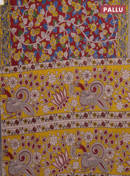 Kalamkari cotton saree maroon and yellow with allover prints and printed border