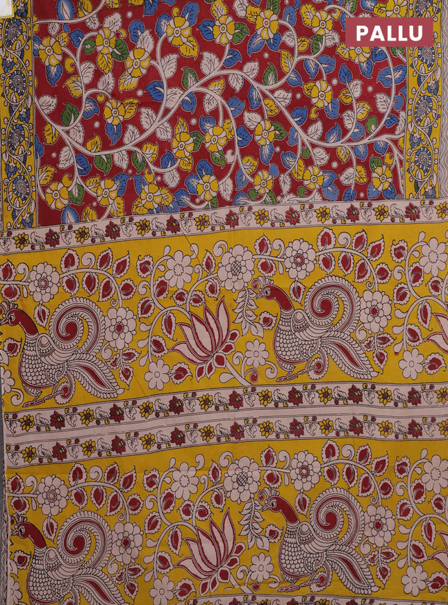 Kalamkari cotton saree maroon and yellow with allover prints and printed border